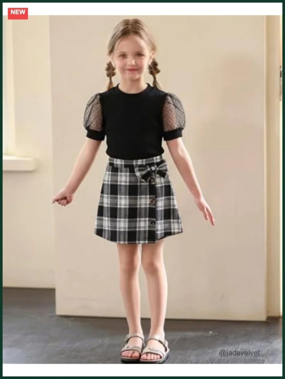 Skirt Sets Puff Sleeves T-shirt and Plaid Skirts 2 Piece Outfit Short Sleeve